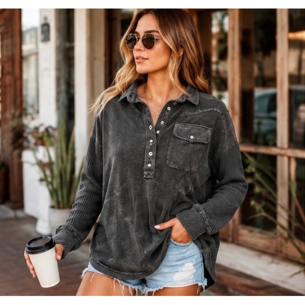 We The Free Corduroy Oversized Waffle Knit Boho Grunge Henley Shacket Top Sz XS